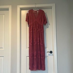 PinkBlush Lace Mesh Overlay Maxi Dress